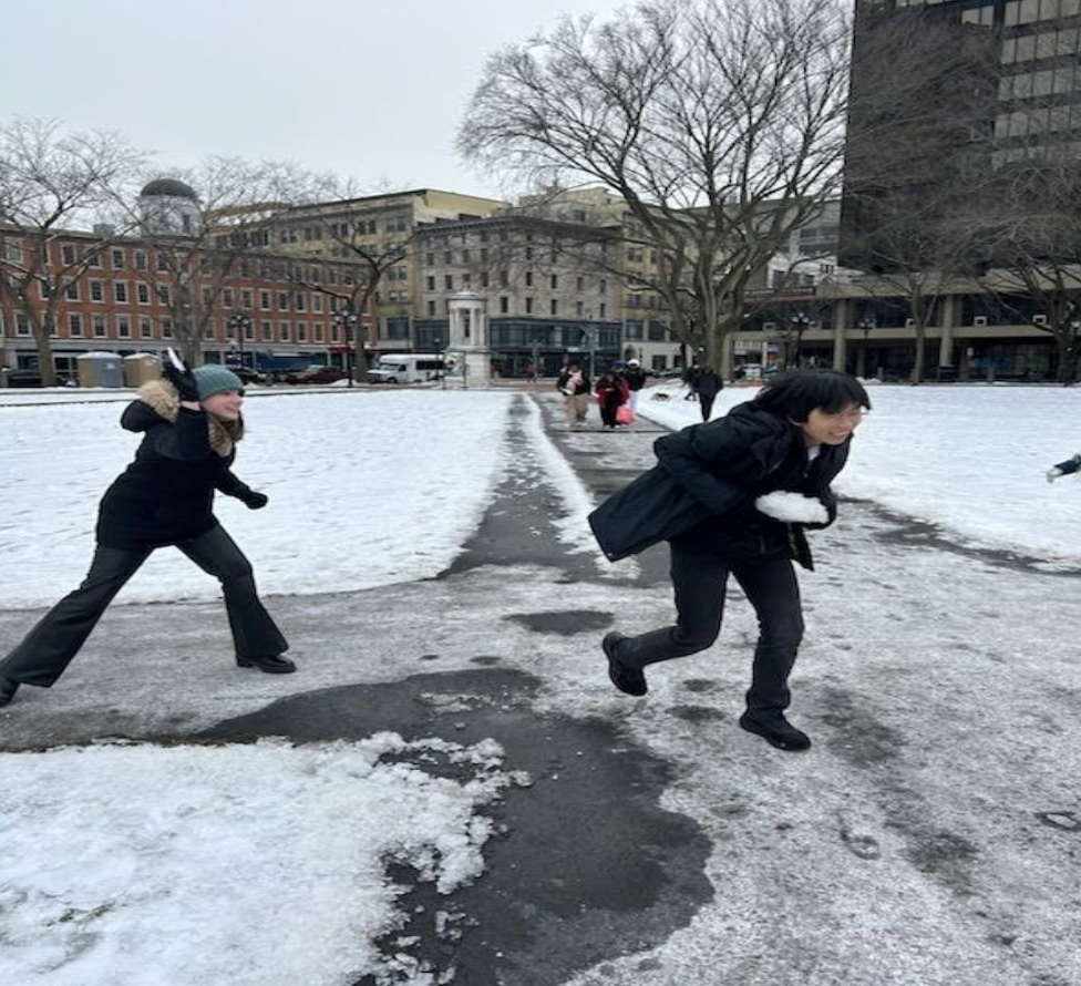 Students enjoyed a break from long committee meetings and had a snowball fight. 